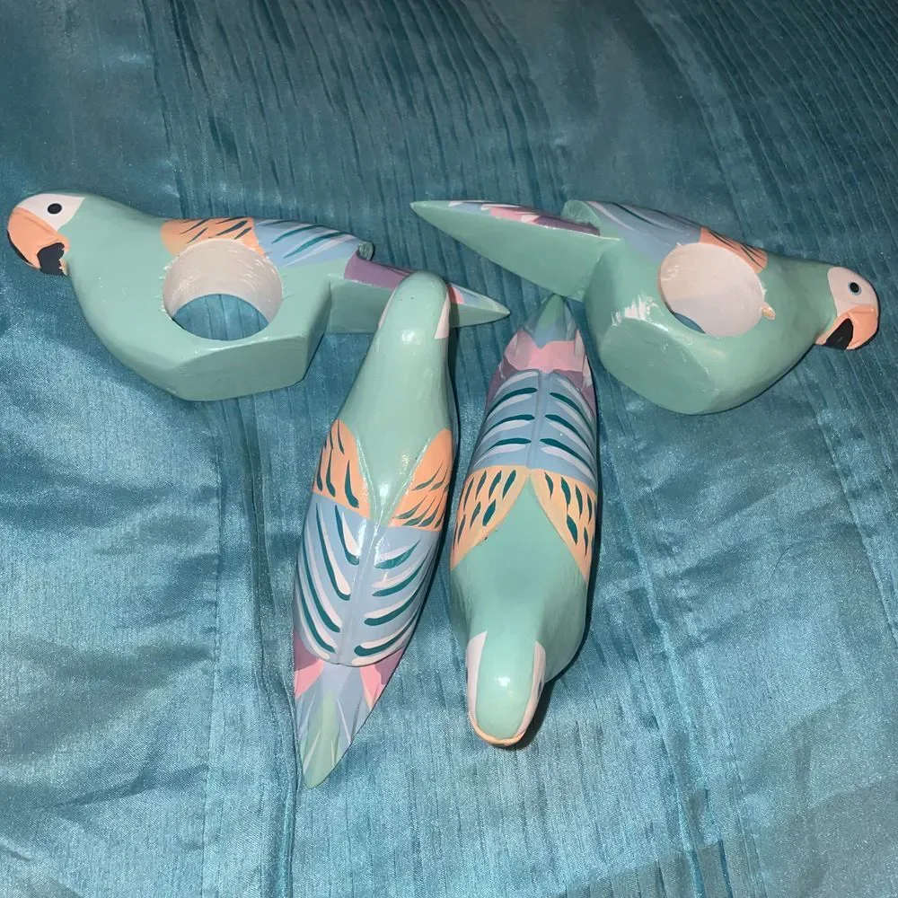 1980s Handpainted Wood Tropical Bird Parrot Napkin Rings Made in the Phillipines